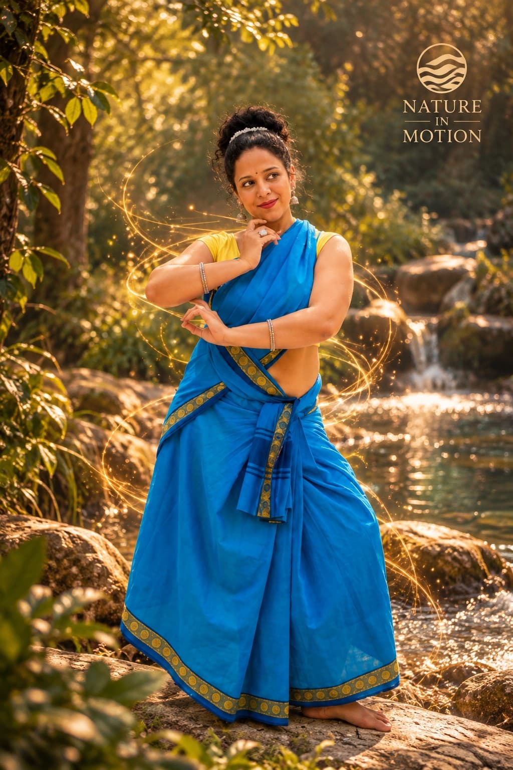 Marcelly in a blue sari performing sacred dance beside a sunlit forest stream