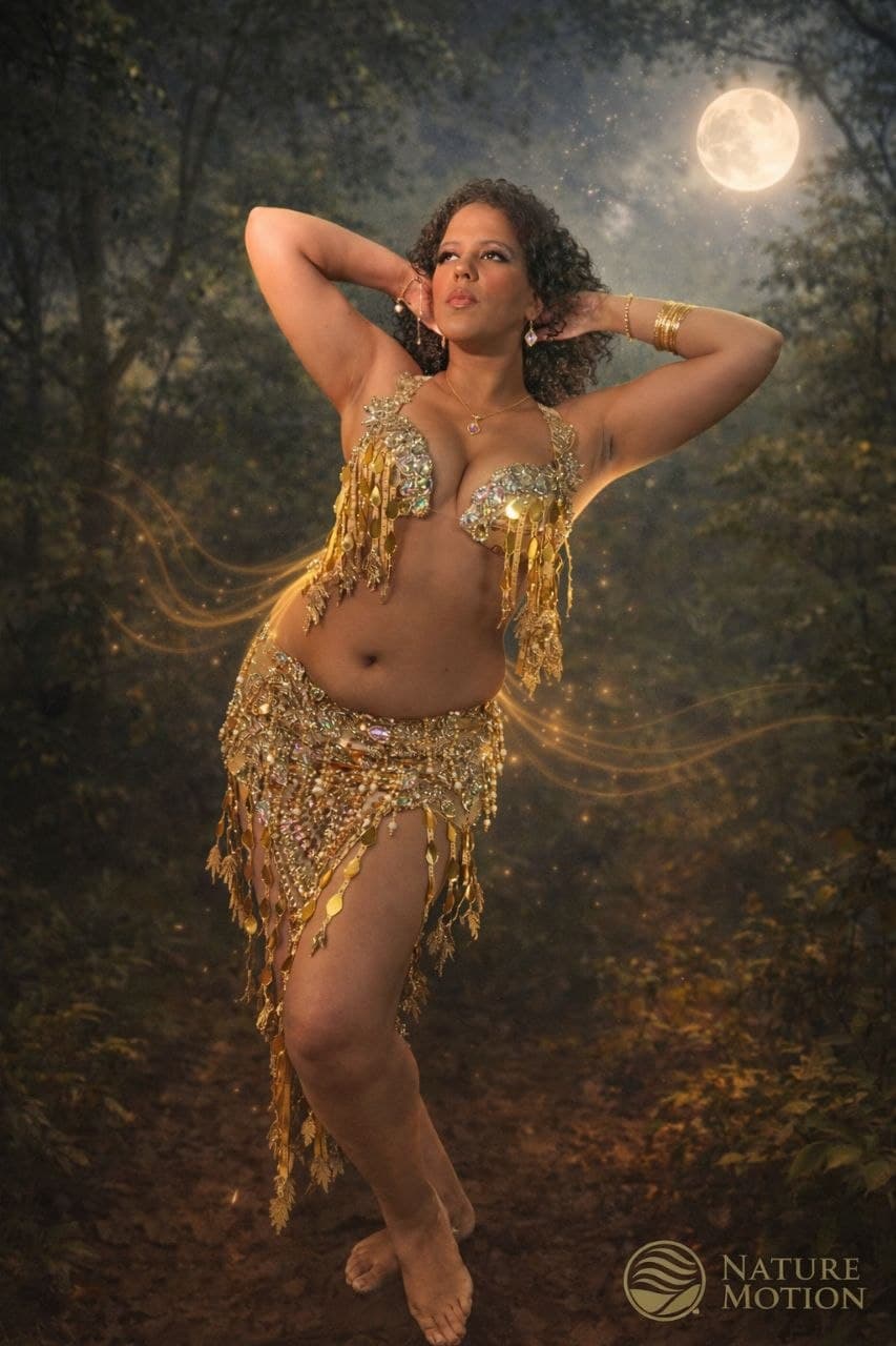 Marcelly in expressive dance movement in a forest setting