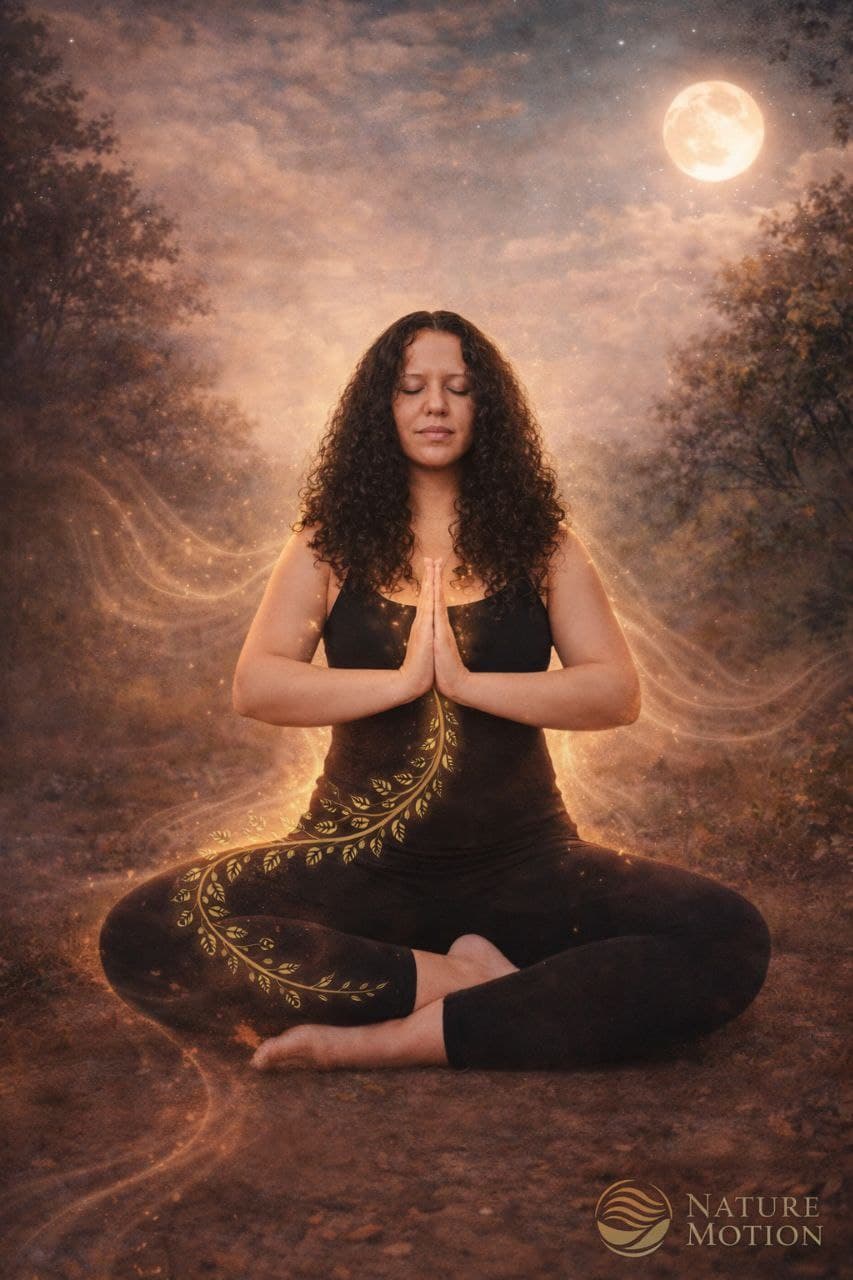Marcelly in a meditative breath pose in nature